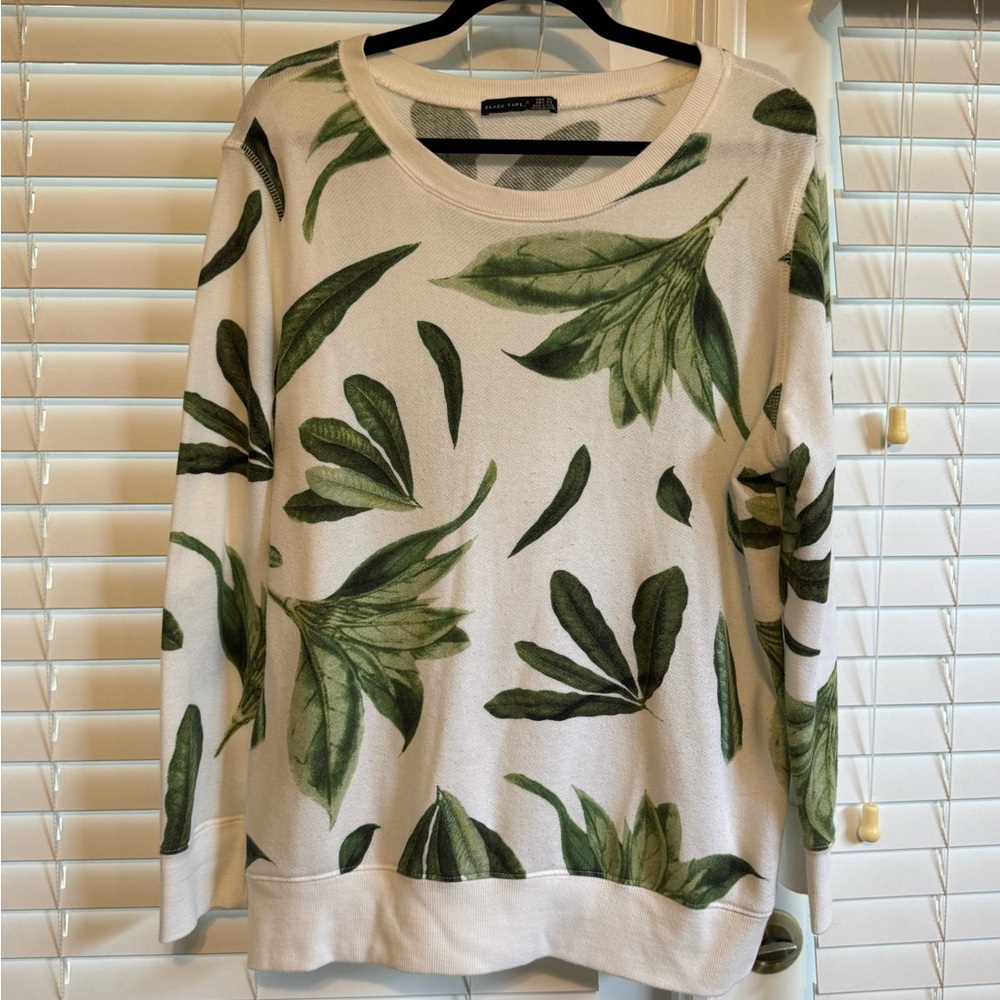 Black Tape White Palm Leaf Print Long Sleeve Sweatshirt Top | XL